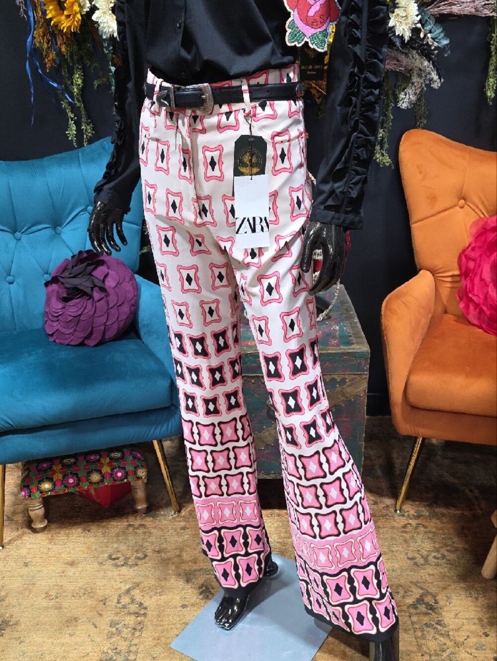 Zara Women's Pink Patterned Wide-Leg Pants - Picture 2 of 9